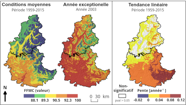 Valeur moyenne, valeur en 2003 et évolution de l’indice forêt météo pour les combustibles fins dans les Alpes françaises (1959-2015; Dupire et al. 2017)
