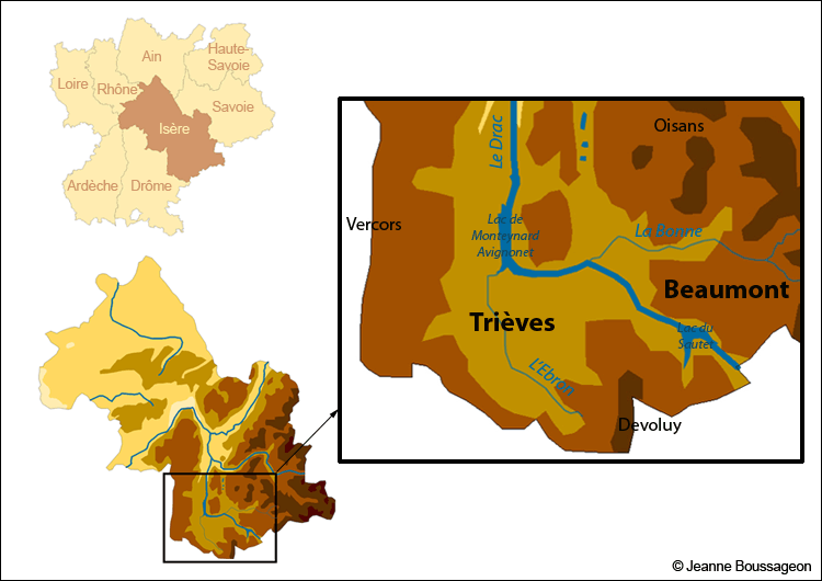 Localisation du Trives et du Beaumont dans la rgion Rhne-Alpes