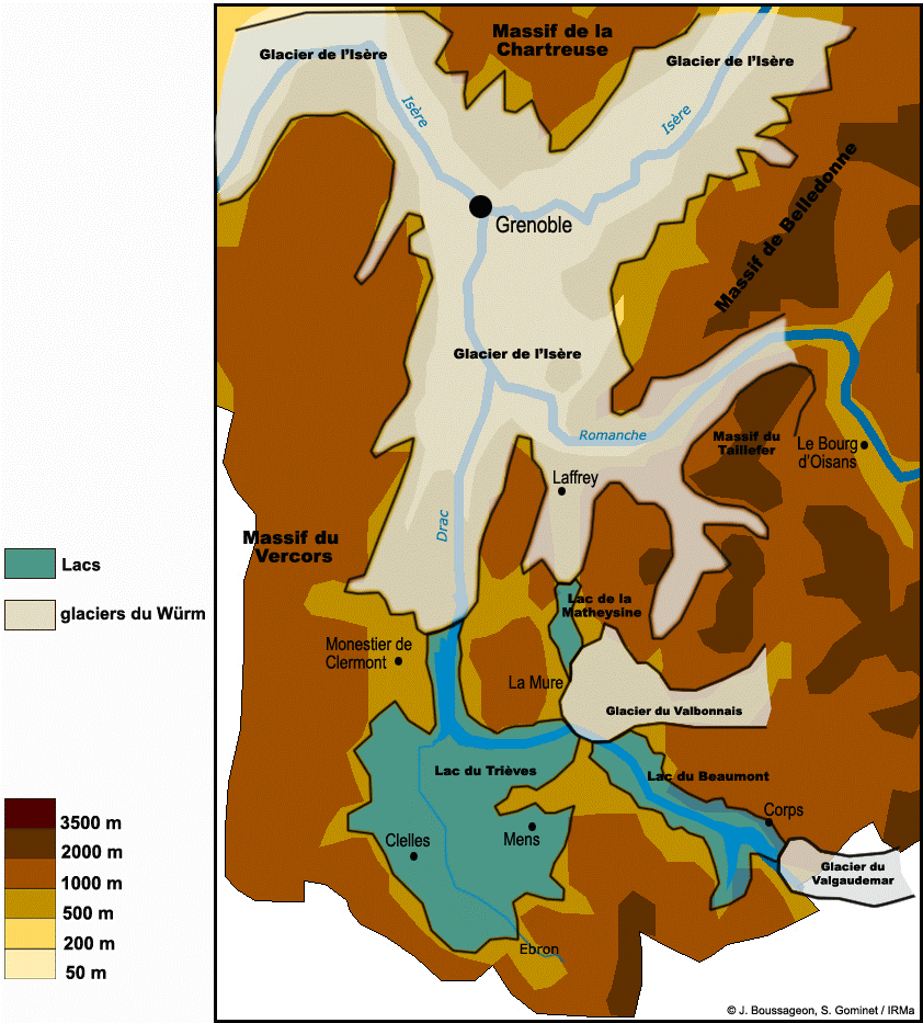Position des glaciers et des les lacs du Sud Isre au cours de la dernire glaciation (daprs Montjuvent, 1980, et Kerckhove) il y a -70 000  -20 000 ans