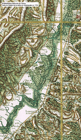Carte de Cassini de 1733 reprsentant la valle du Grsivaudan en amont de Grenoble