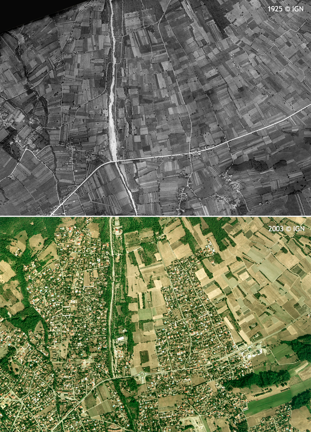 Evolution de l'urbanisation sur le cne de djection du manival entre 1925 et 2003 en amont et en aval de l'actuelle route dpartementale 1090