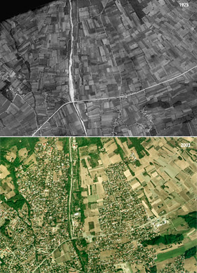 Evolution de l'urbanisation sur le cne de djection du manival entre 1925 et 2003 en amont et en aval de l'actuelle route dpartementale 1090