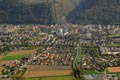 Vue aérienne de la commune de Domène et du torrent du Doménon