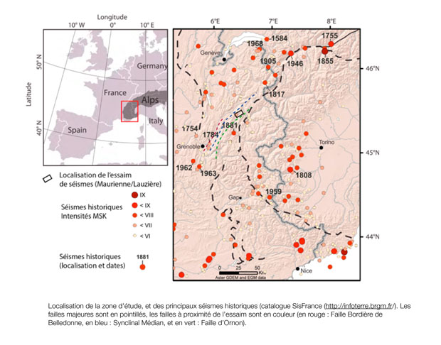 Localisation de la zone d'étude et des principaux séismes historiques