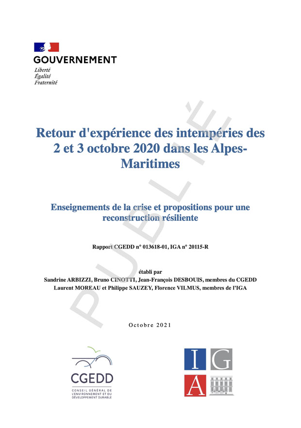 Retour d’expérience des intempéries des 2 et 3 octobre 2020 dans les Alpes-Maritimes - Enseignements de la crise et propositions pour une reconstruction résiliente
