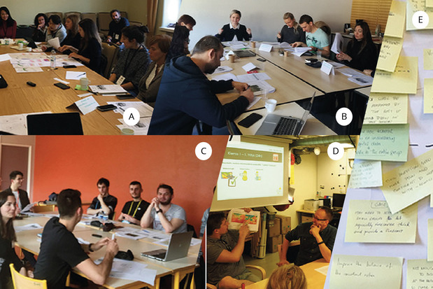 Les joueurs dbattent lors des simulations de jeux de rles d'ANYCaRE (a), l'exprimentation d'Helsinki (b) l'exprimentation de Grenoble (c), l'exprimentation de Mikkeli (d). Exemple de post-it de dbriefing post-exprience des joueurs (e)