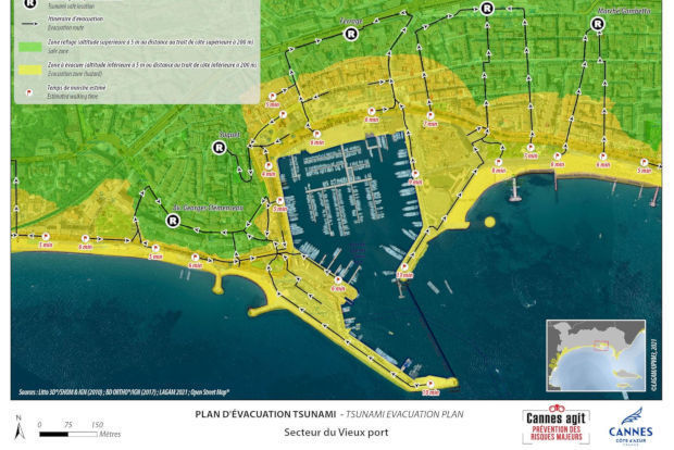 Plan d’évacuation du quartier du Vieux port à Cannes. Les itinéraires d’évacuation depuis la ZTAE (en jaune) mènent aux sites refuges les plus proches (en vert). Ce travail, produit par l’équipe de Montpellier III, a été intégré dans le PCS